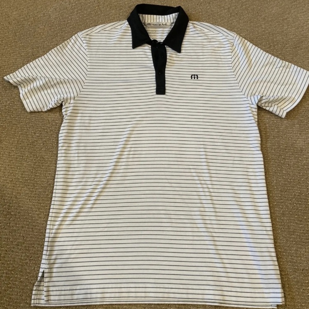 Travis Mathew Golf Polo Shirt Mens M White Striped Casual Golf Stretch